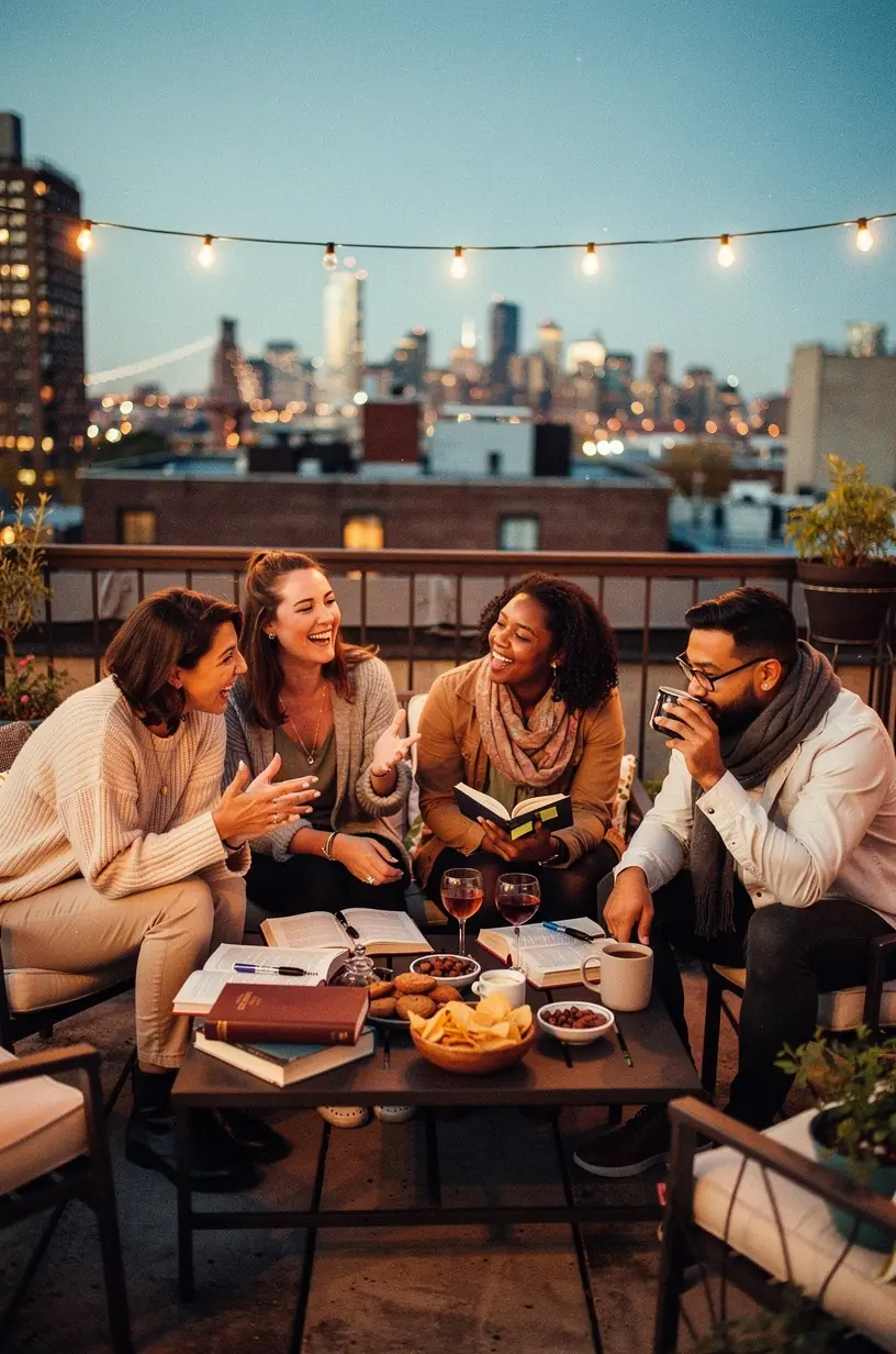 Group of diverse friends discussing books in a cozy setting